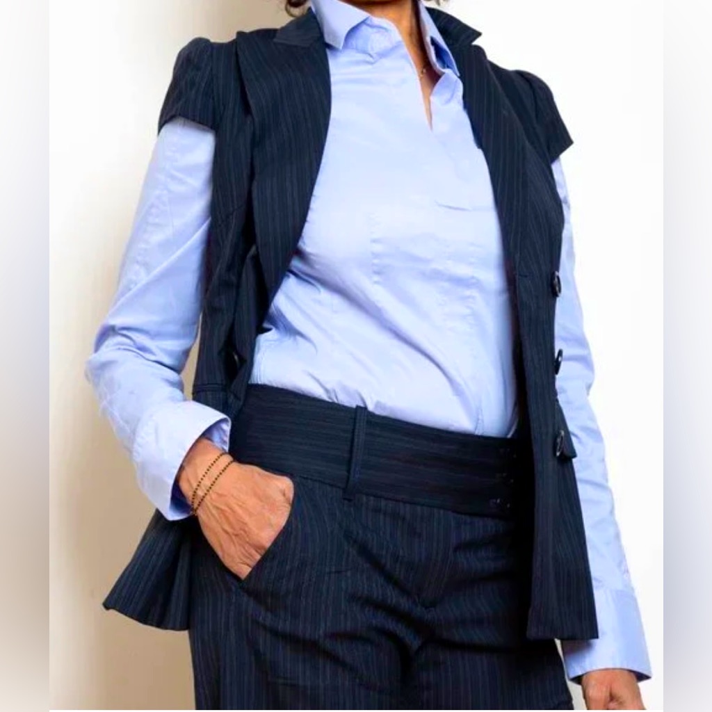 Bcbgmaxazria Cap Sleeve Hailey Double-Breasted Navy-Pinstripe Suit Vest & Pants